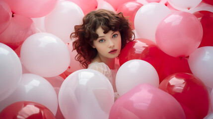 Fototapeta na wymiar a girl surrounded by red and pink balloons