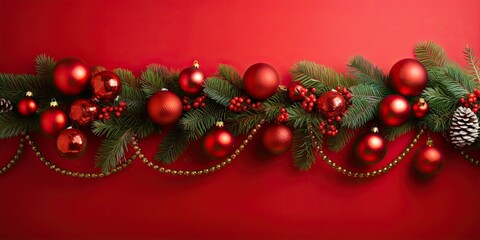 flat view christmas fir branches and decorative little giftbox red and white balls on Red background