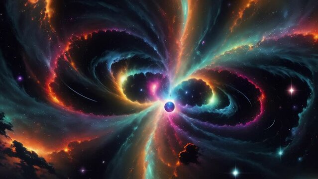 Psychedelic cosmic animation. Bright universe animation with vivid galaxy and nebulas, illustrations transformations and metamorphose. AI generated cinematic video