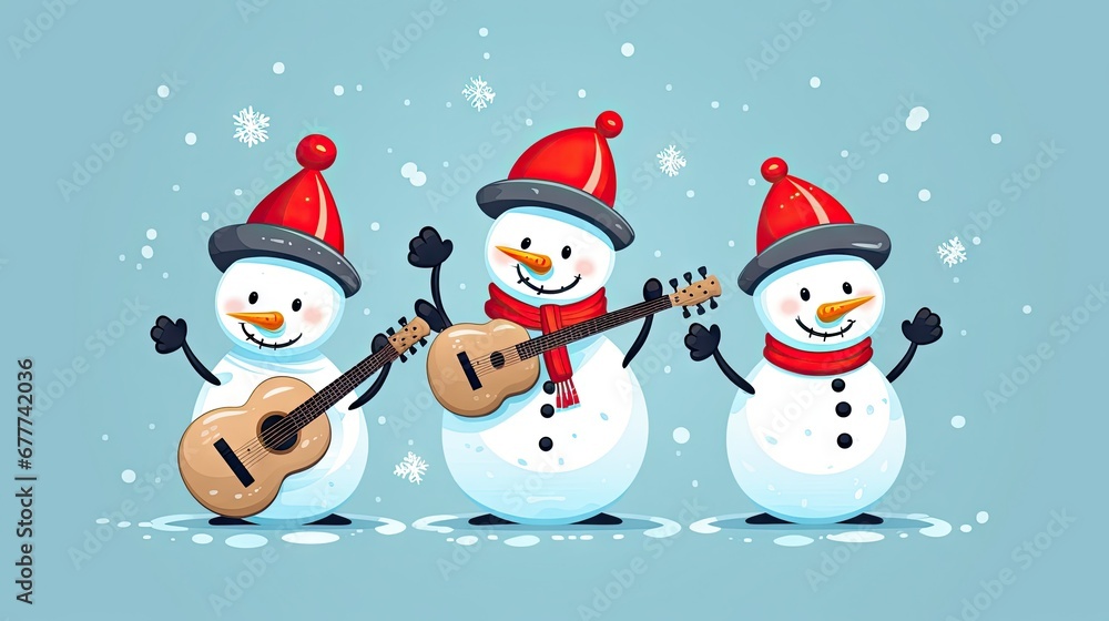 Poster a group of three snowmen with a guitar and a snowman with a snowman's hat playing a song on a blue b