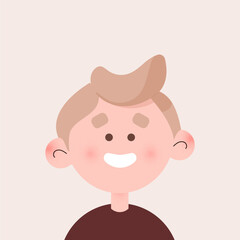Cheerful man avatar. Custom portrait. The face of male character. Avatar of smiling boy with blond hair in tshirt. Vector illustration