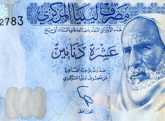 Sheikh Omar al-Mukhtar (about ca. 1860-1931), national hero of Libya. Portrait from Libya 10 Dinar Banknotes - obrazy, fototapety, plakaty