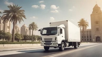 Papier Peint photo autocollant Chemin de fer Photo white truck drive on road on landscape city Sharjah. Online cargo delivery service, logistics or tracking app concept.