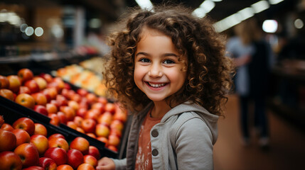 Girl in the grocery section of a supermarket buying apples. Child for choosing healthy food to eat. Girl buying fruits in a store. Healthy snack. Concept of balanced diet and healthy food.  - obrazy, fototapety, plakaty