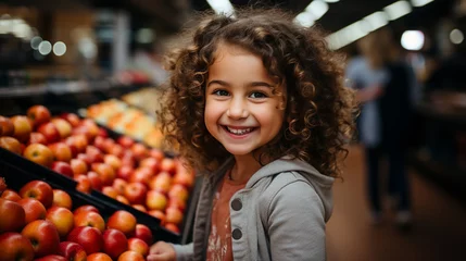 Deurstickers Girl in the grocery section of a supermarket buying apples. Child for choosing healthy food to eat. Girl buying fruits in a store. Healthy snack. Concept of balanced diet and healthy food.  © Acento Creativo