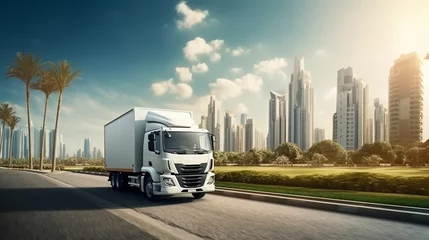 Selbstklebende Fototapeten Photo white truck drive on road on landscape city Sharjah. Online cargo delivery service, logistics or tracking app concept. © Анастасия Комарова
