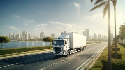 Poster Photo white truck drive on road on landscape city Sharjah. Online cargo delivery service, logistics or tracking app concept. © Анастасия Комарова