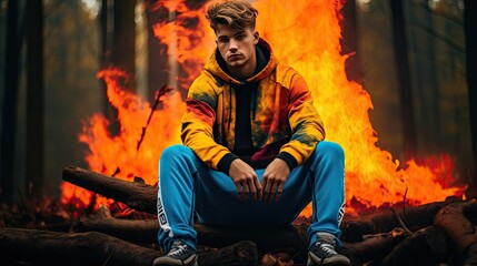  a man sitting on a pile of logs in front of a fire with a bright yellow and red jacket over his shoulders and a black hoodie over his head.  generative ai