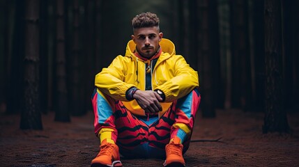  a man sitting on the ground in the middle of a forest wearing a yellow jacket and multicolored pants with his hands on his knees, looking at the camera.  generative ai - Powered by Adobe