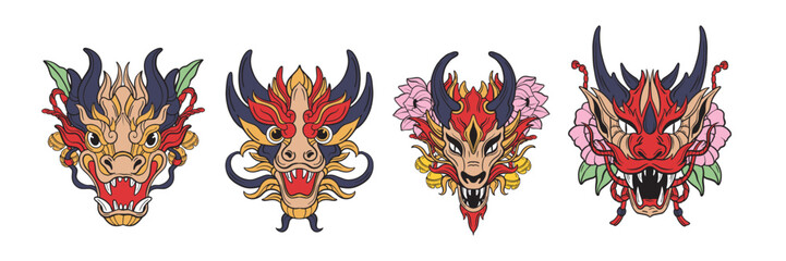 Chinese dragon mask, vector traditional oriental China character head, cartoon Japan demon sticker. Festival mystic party costume set, mythology asian tattoo animal kit. Wild Chinese dragon myth icon