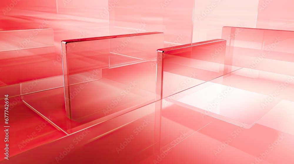 Poster a red and white photo of a room with a shelf in the middle of the room and a shelf in the middle of 