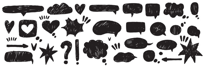 Speech bubble vector set, doodle texture comic talk balloon kit, hand drawn crayon cloud message. Speak sign dialog communication frame, hearts, arrow, question. Chalk marker speech bubble drawing box - obrazy, fototapety, plakaty