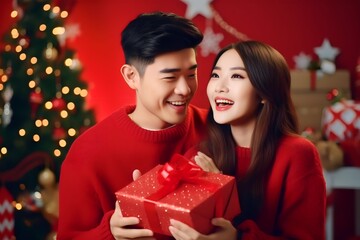 Portrait of young asian couple holding wrapped gift presents wear red warm sweaters on christmas eve indoors