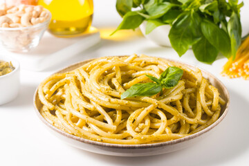Spaghetti pasta with pesto sauce, basil, cashew and parmesan. Ingredients. 