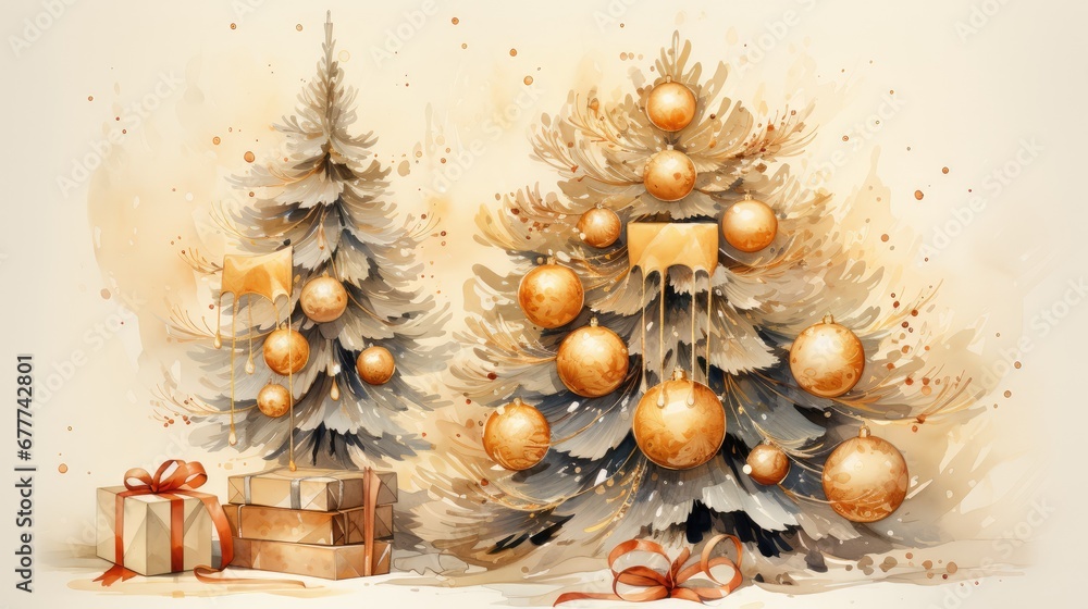 Poster  a painting of two christmas trees with gold balls on them and a gift box in front of them with a bow on the bottom of each of the christmas tree.  generative ai