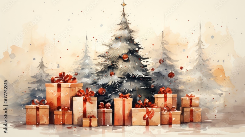 Poster a watercolor painting of a christmas tree with presents in front of it and a watercolor painting of 