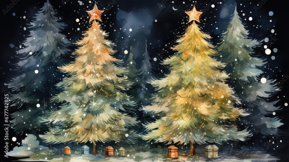 Poster a painting of two pine trees in the snow with a star on top of one of the trees and a lantern on the