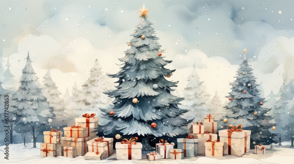 Poster a painting of a christmas tree with presents in front of it and a snow covered forest in the backgro