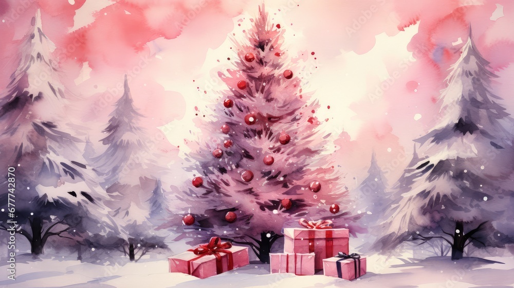 Poster  a watercolor painting of a christmas tree with presents in front of it and a snow covered forest in the background with red and white christmas balls on the tree.  generative ai