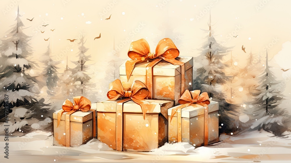 Poster a painting of a group of wrapped presents in front of a snowy scene with evergreen trees and birds i
