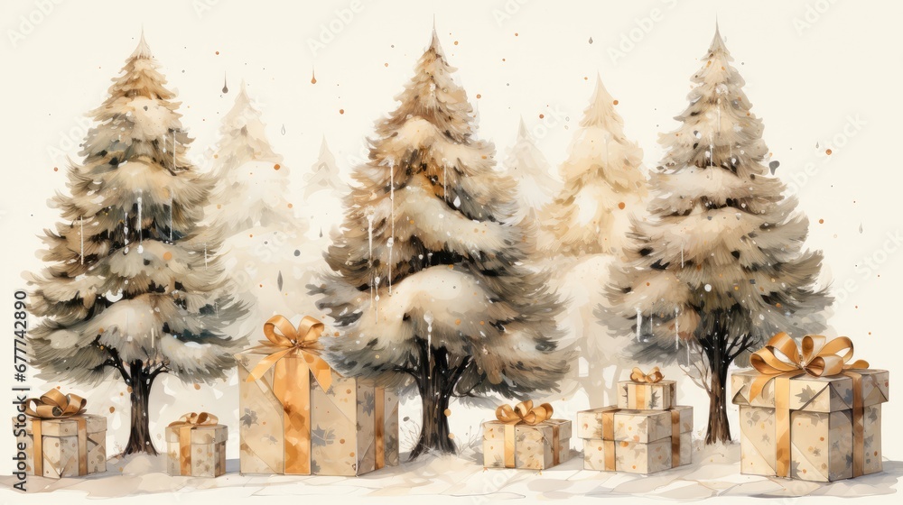 Aufkleber a painting of a group of trees with presents in front of them and a snow covered ground with snow fa
