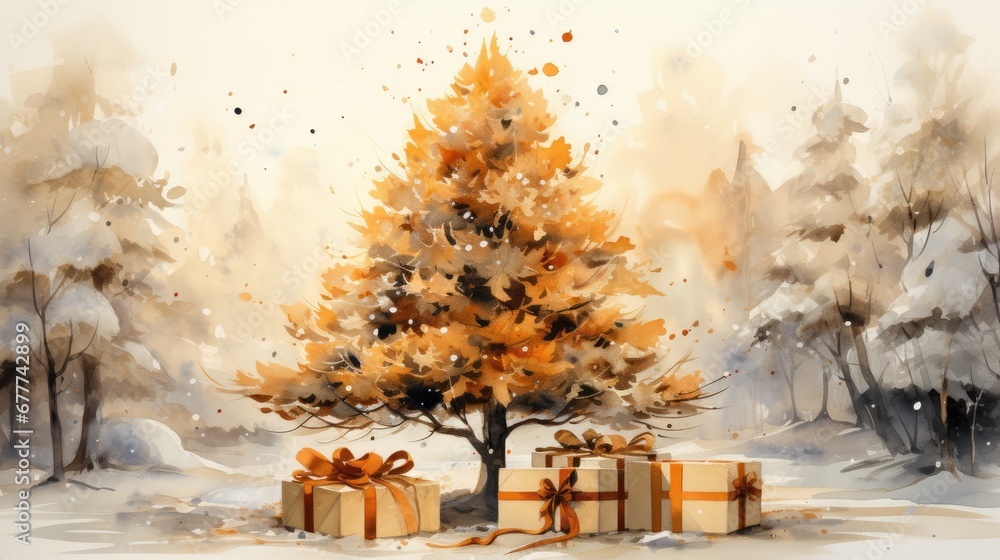 Poster  a watercolor painting of a christmas tree with presents in front of it and snow falling on the ground and trees in the background with yellow and brown bows on the ground.  generative ai
