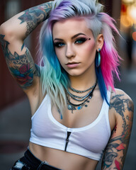 Punk Girl With Colorful Hair, Tattoos and Makeup