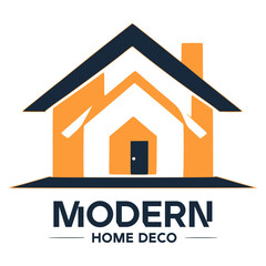 Real estate logo with a modern house, black and orange vector illustration