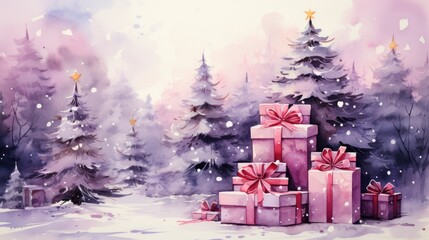  a watercolor painting of a snowy christmas scene with presents in the foreground and trees in the background with snow falling on the ground and falling on the ground.  generative ai