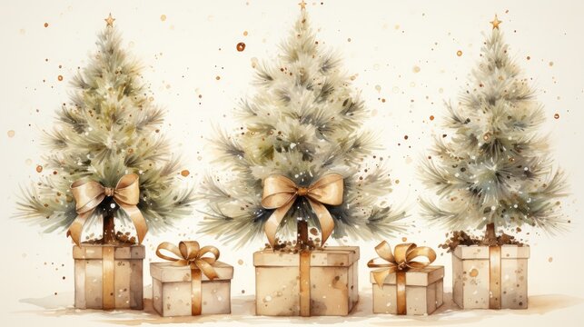  a watercolor painting of three christmas trees with presents in front of them and a gold bow on the top of one of the trees is surrounded by smaller presents.  generative ai