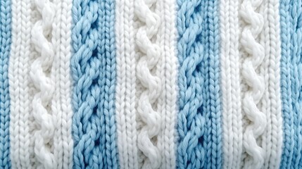 Macro photography of the texture of a knitted pattern in close-up, white and blue colors