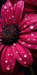 Burgundy flower with dew drops on the petals close-up