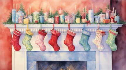  a painting of stockings hanging from a mantel in front of a fire place with candles and christmas decorations on top of the mantels and a mantel.  generative ai - obrazy, fototapety, plakaty