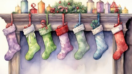  a watercolor painting of christmas stockings hanging from a mantel with presents on top of the mantel and presents on top of the mantel on the mantel.  generative ai - obrazy, fototapety, plakaty