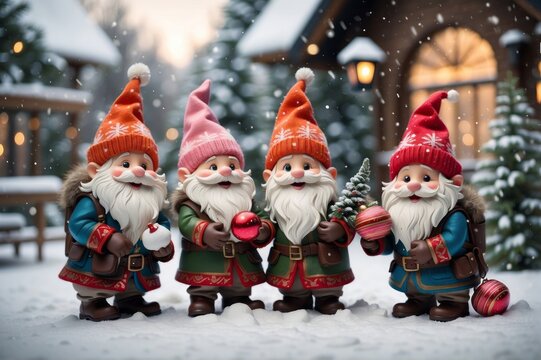 A group of mischievous gnomes joyfully play with Christmas decorations in a picturesque winter garden. Painting captures the enchanting and carefree spirit of Christmas festivities.