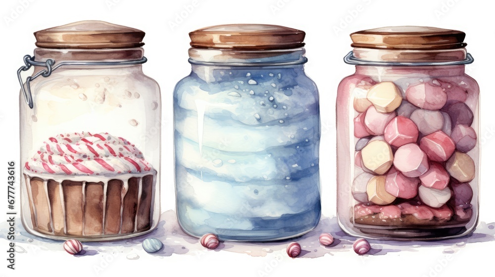 Poster three glass jars filled with different types of candies and a cupcake in the middle of the jar, all 