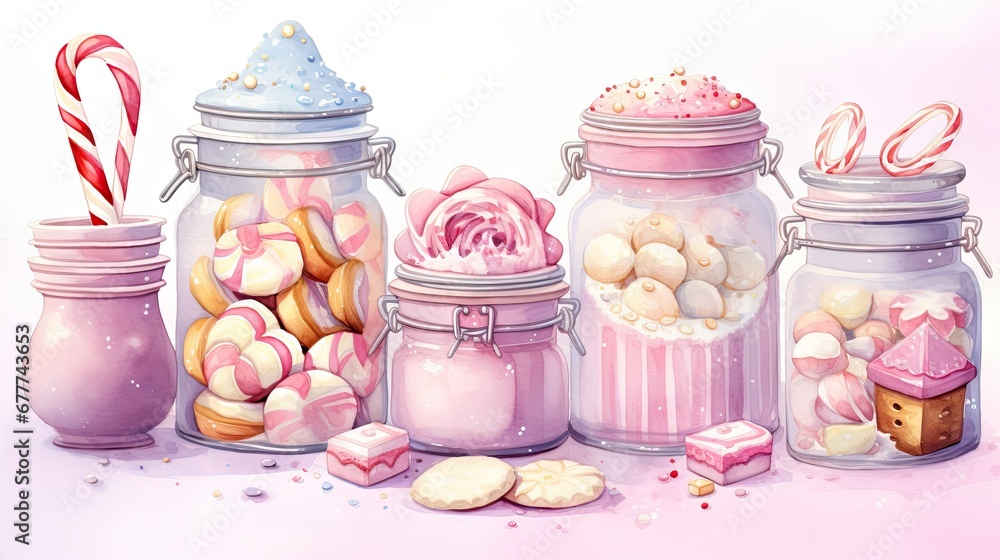Poster a group of jars filled with different types of candies and marshmallows next to a candy cane and a c