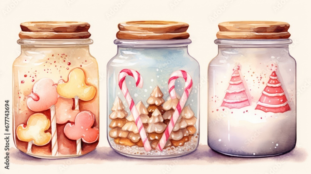 Poster three glass jars filled with different types of candy canes and cookies on top of each of the jars a