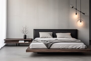 Clean wooden bedroom with natural light comfortable for sleep. Generative AI
