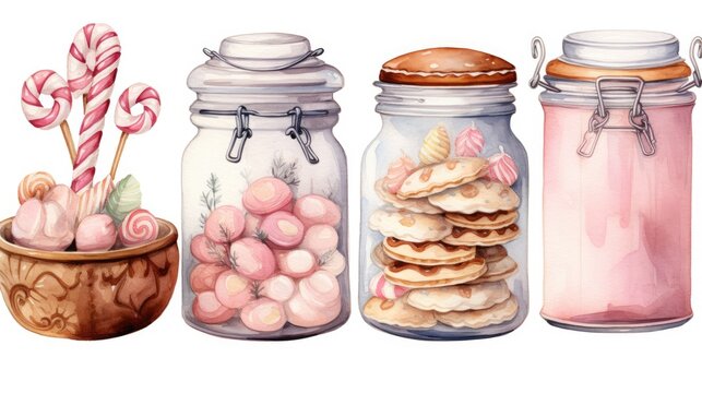  a watercolor painting of a jar of candy and a bowl of lollipops and a bowl of marshmallows and a candy cane on a white background.  generative ai