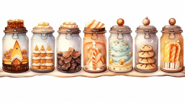  a painting of a row of glass jars filled with different types of cookies and candies, all decorated in different designs and sizes, all on a white background.  generative ai