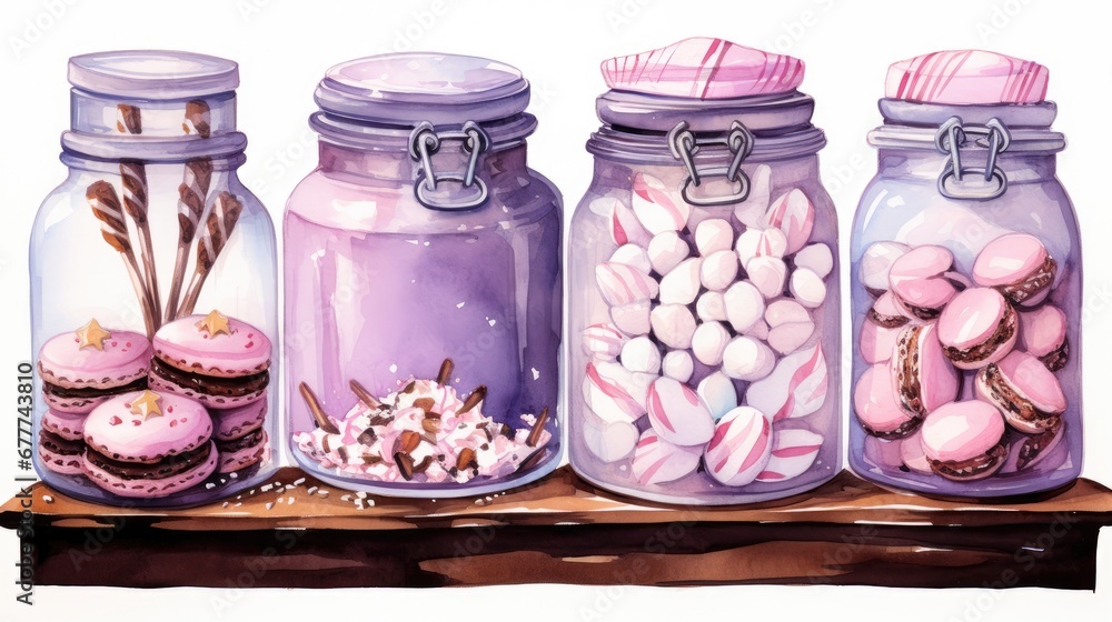 Poster a painting of a shelf filled with glass jars filled with different types of candies and marshmallows