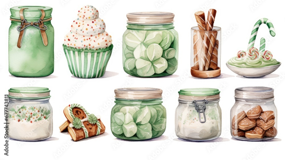 Aufkleber a group of jars filled with different types of candy canes and marshmallows next to a jar of cookies