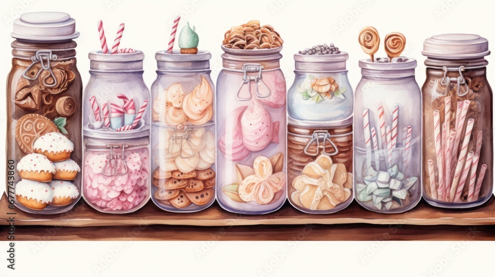 Poster a painting of a row of glass jars filled with different types of cookies and pretzels with candy can