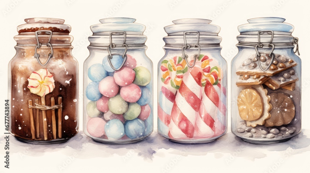 Poster a row of glass jars filled with different types of candies and lollipops on a white background with 