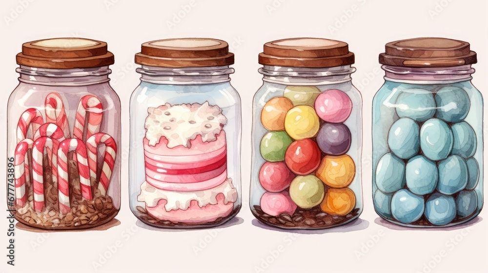 Poster a row of jars filled with different types of candies and candy canes on top of each one of the jars 