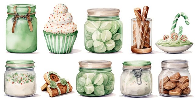  a group of jars filled with different types of candy canes and marshmallows next to a jar of cookies and a cupcake on a white background.  generative ai