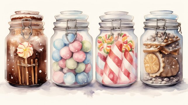  a row of glass jars filled with different types of candies and lollipops on a white background with snowflakes on the top of the jars.  generative ai