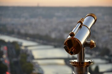 Close-up of a coin-operated observation scope overlooking Paris from the Eiffel Tower