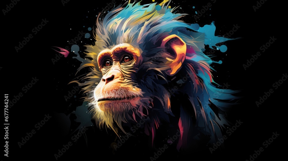 Poster a close up of a monkey's face with paint splatters on it's face and on the back of it's face is a bl